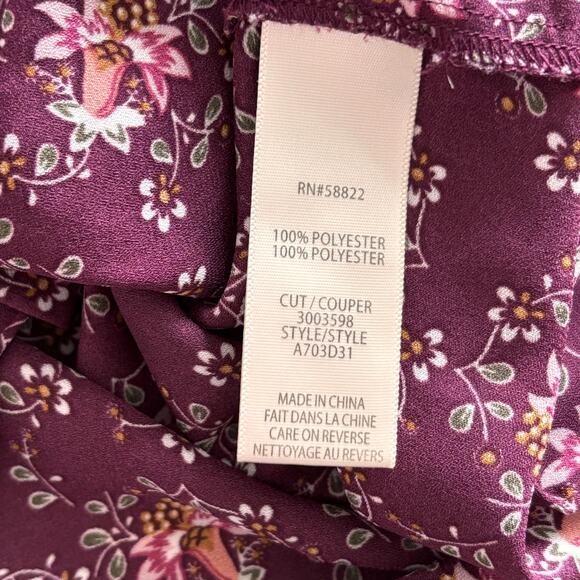 Max Studio Wms L Plum Floral Blouse Flutter Ruffle Sleeve Tie Neck Cottagecore - Picture 7 of 8